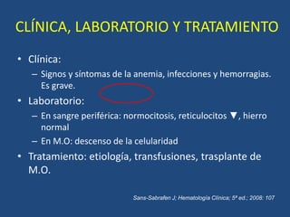 CLÍNICA, LABORATORIO Y TRATAMIENTO
• Clínica:
– Signos y síntomas de la anemia, infecciones y hemorragias.
Es grave.
• Laboratorio:
– En sangre periférica: normocitosis, reticulocitos ▼, hierro
normal
– En M.O: descenso de la celularidad
• Tratamiento: etiología, transfusiones, trasplante de
M.O.
Sans-Sabrafen J; Hematología Clínica; 5ª ed.; 2008: 107
 