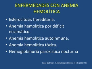 ENFERMEDADES CON ANEMIA
HEMOLÍTICA
• Esferocitosis hereditaria.
• Anemia hemolítica por déficit
enzimático.
• Anemia hemolítica autoinmune.
• Anemia hemolítica tóxica.
• Hemoglobinuria paroxística nocturna
Sans-Sabrafen J; Hematología Clínica; 5ª ed.; 2008: 107
 