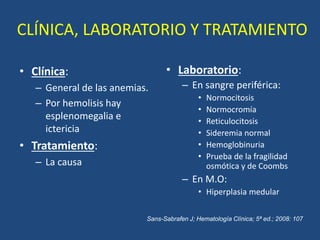 CLÍNICA, LABORATORIO Y TRATAMIENTO
• Clínica:
– General de las anemias.
– Por hemolisis hay
esplenomegalia e
ictericia
• Tratamiento:
– La causa
• Laboratorio:
– En sangre periférica:
• Normocitosis
• Normocromía
• Reticulocitosis
• Sideremia normal
• Hemoglobinuria
• Prueba de la fragilidad
osmótica y de Coombs
– En M.O:
• Hiperplasia medular
Sans-Sabrafen J; Hematología Clínica; 5ª ed.; 2008: 107
 