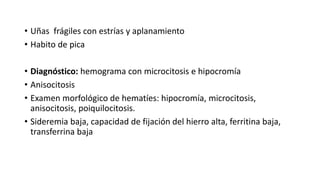 • Uñas frágiles con estrías y aplanamiento
• Habito de pica
• Diagnóstico: hemograma con microcitosis e hipocromía
• Anisocitosis
• Examen morfológico de hematíes: hipocromía, microcitosis,
anisocitosis, poiquilocitosis.
• Sideremia baja, capacidad de fijación del hierro alta, ferritina baja,
transferrina baja
 