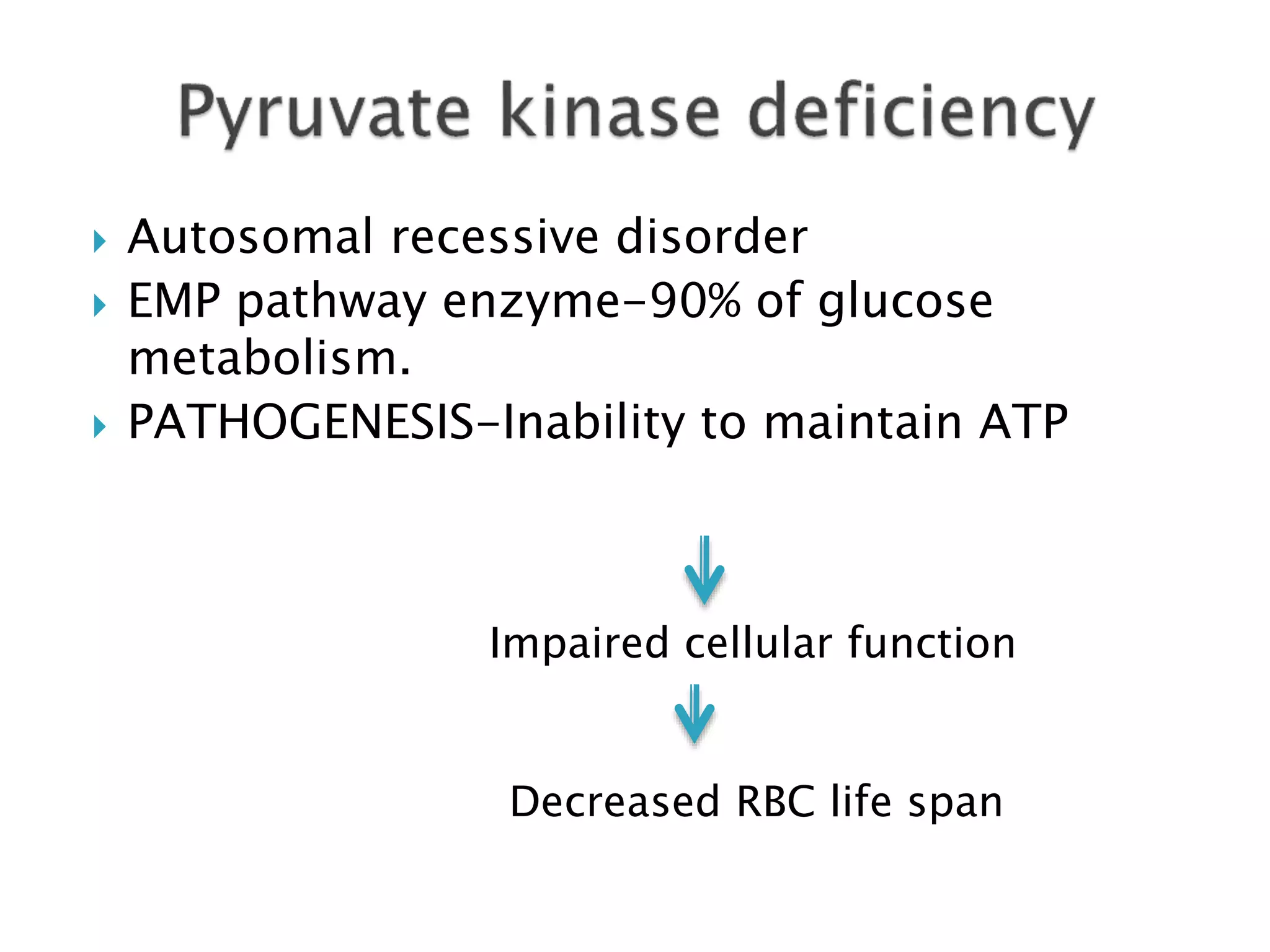  Autosomal recessive disorder
 EMP pathway enzyme-90% of glucose
metabolism.
 PATHOGENESIS-Inability to maintain ATP
Impaired cellular function
Decreased RBC life span
 