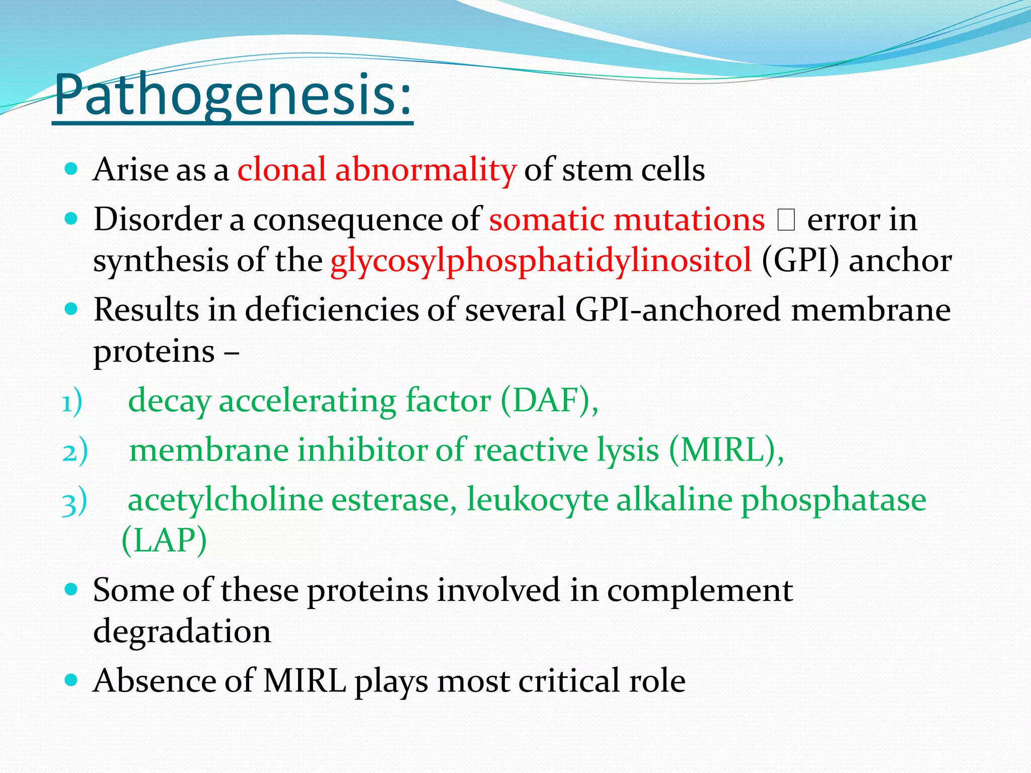 Pathogenesis:
 Arise as a clonal abnormality of stem cells
 Disorder a consequence of somatic mutations error in
synthesis of the glycosylphosphatidylinositol (GPI) anchor
 Results in deficiencies of several GPI-anchored membrane
proteins –
1) decay accelerating factor (DAF),
2) membrane inhibitor of reactive lysis (MIRL),
3) acetylcholine esterase, leukocyte alkaline phosphatase
(LAP)
 Some of these proteins involved in complement
degradation
 Absence of MIRL plays most critical role
 