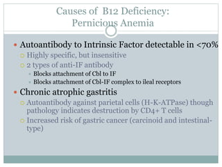 Causes of B12 Deficiency:
Pernicious Anemia
 Autoantibody to Intrinsic Factor detectable in <70%
 Highly specific, but insensitive
 2 types of anti-IF antibody
 Blocks attachment of Cbl to IF
 Blocks attachment of Cbl-IF complex to ileal receptors
 Chronic atrophic gastritis
 Autoantibody against parietal cells (H-K-ATPase) though
pathology indicates destruction by CD4+ T cells
 Increased risk of gastric cancer (carcinoid and intestinal-
type)
 