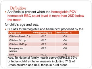 Definition
 Anaemia is present when the hemoglobin PCV
hematocrit RBC count level is more than 2SD below
the mean
for child’s age and sex.
 Cut offs for hemoglobin and hematocrit proposed by the
WHO to define anaemia-----Age group Hemoglobin(g/dl) Hematocrit %
Children,6 mo to 5 yr <11.0 <33
Children, 5-11 yr <11.5 <34
Children,12-13 yr <12.0 <36
Non pregnant
women
<12.0 <36
Men <13.0 <39
Acc. To National family health survey(NFHS3) 79%
of Indian children have anaemia including 71% of
urban children and 84% those in rural areas
 