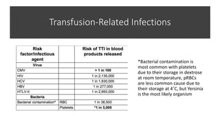 Transfusion-Related Infections
*Bacterial contamination is
most common with platelets
due to their storage in dextrose
at room temperature, pRBCs
are less common cause due to
their storage at 4˚C, but Yersinia
is the most likely organism
 