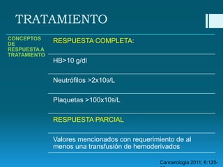 TRATAMIENTO
CONCEPTOS
DE
RESPUESTA A
TRATAMIENTO

RESPUESTA COMPLETA:
HB>10 g/dl
Neutrófilos >2x109/L
Plaquetas >100x109/L
RESPUESTA PARCIAL

Valores mencionados con requerimiento de al
menos una transfusión de hemoderivados
Cancerologia 2011; 6:125-

 