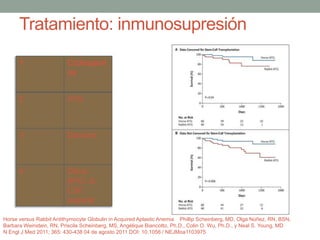 Tratamiento: inmunosupresión
1 Ciclospori
na
2 ATG
3 Danazol
4 Otros:
EPO, G-
CSF,
soporte
Horse versus Rabbit Antithymocyte Globulin in Acquired Aplastic Anemia Phillip Scheinberg, MD, Olga Núñez, RN, BSN,
Barbara Weinstein, RN, Priscila Scheinberg, MS, Angélique Biancotto, Ph.D., Colin O. Wu, Ph.D., y Neal S. Young, MD
N Engl J Med 2011; 365: 430-438 04 de agosto 2011 DOI: 10.1056 / NEJMoa1103975
 