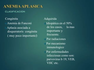 Congénita
⦿Anemia de Fanconi
⦿Aplasia asociada a
disqueratoris congénita
( muy poco importante)
Adquirida
⦿Idiopática en el 50%
de los casos, la mas
importante y
frecuente.
⦿Por radiaciones
⦿Por mecanismo
inmunologico
⦿Por enfermedades
infecciosas como son:
parvovirus b 19, VEB,
VHC etc.
 
