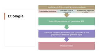 Etiología
Medicamentos
Defectos celulares intrínsecos que conducen a una
producción fallida de glóbulos rojos
Infección persistente por parvovirus B19
Insuficiencia Eritropoyetica inmunomediada
Enfermedades autoinmunes
Anticuerpos contra la
eritropoyetina
Supresión de la eritropoyesis
por células T
 