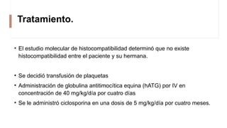 • El estudio molecular de histocompatibilidad determinó que no existe
histocompatibilidad entre el paciente y su hermana.
• Se decidió transfusión de plaquetas
• Administración de globulina antitimocítica equina (hATG) por IV en
concentración de 40 mg/kg/día por cuatro días
• Se le administró ciclosporina en una dosis de 5 mg/kg/día por cuatro meses.
Tratamiento.
 
