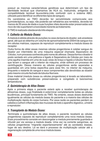 10
possuir as mesmas características genéticas que determinam um tipo de
identidade tecidual que chamamos de HLA ou, traduzindo, antigenos de
compatibilidade tecidual leucocitária.(não confundir com o sistema ABO,
utilizado para identificar os diferentes tipos de sangue).
Os candidatos ao TMO deverão ter sensibilidade comprovada aos
quimioterápicos, ou seja; não poderão ser refratários aos remédios, deverão ter
menos de 55 anos de idade e suas funções vitais deverão estar preservadas sob
risco de não suportarem a toxicidade inerente ao tratamento.
OTMO é realizado obedecendo três etapas:
Amedula é obtida através de punções no osso da bacia do doador, sob anestesia
geral, até que se obtenha um volume de aproximadamente 200ml de sangue rico
em células matrizes, capazes de reproduzir completamente a medula óssea do
receptor.
Outra forma de obter essas mesmas células progenitoras é coletar sangue do
doador por intermédio de uma máquina especial chamada
, num processo conhecido pelo nome de . Dessa forma o doador é
posto sentado em uma poltrona e ligado à Separadora de Células por meio de
uma agulha inserida em uma de suas veias do braço e ligada a túbulos flexíveis
que levam o sangue até o interior da máquina, onde sofrerá um processo de
centrifugação. Dessa maneira as células progenitoras serão separadas e
guardadas em uma bolsa específica para esse fim, no interior da máquina,
enquanto o restante do sangue e seus componentes são devolvidos ao doador
pelo mesmo circuito fechado de túbulos flexíveis.
Esse material (medula óssea ou células progenitoras) é levado ao laboratório,
preparado com substâncias preservadoras e congelado à baixíssimas
temperaturas.
Separadora de
Células aférese
Após a primeira etapa o paciente estará apto a receber quimioterapia de
altíssimas doses, cuja finalidade é exterminar completamente todas as células
leucêmicas, principal fundamento do TMO. No entanto, essas doses destruirão
igualmente as células da medula óssea do paciente e a maioria das células de
multiplicação rápida do corpo humano. Por essa razão os pacientes perdem os
cabelos e sofrem inflamações das mucosas de todo o aparelho digestivo, urinário
e reprodutor.
Terminada a quimioterapia de altas doses, o paciente receberá as células
progenitoras capazes de reproduzir completamente uma nova medula óssea.
Esse procedimento consiste em descongelar a medula previamente guardada e
infundir por via venosa a medula doada. Uma vez na corrente sangüínea, as
células progenitoras “migrarão espontaneamente” até as cavidades ósseas,
lugar de seu destino. Lá se dará o processo de multiplicação celular até a
regeneração completa de uma nova medula óssea.
 