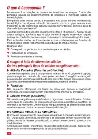 O que é Leucopenia ?
4
O que é Leucopenia ?
O processo de crescimento das células sangüíneas é chamado de hematopoe-
se. Os glóbulos vermelhos, os brancos e as plaquetas entram na corrente san-
güínea depois de já terem passado pelo processo de crescimento que ocorre na
medula óssea.
Amedula é um tecido encontrado nas cavidades de muitos ossos. Caracteriza-
se por estar em constante produção de céluas sangüíneas.
Leucopenia é a redução do número de leucócitos no sangue. É uma das
principais causas de encaminhamento de pacientes e indivíduos sadios ao
hematologista.
Em grande parte destes casos, a leucopenia não passa de uma manifestação
hematológica de alguma situação temporária, como a gripe (causa mais
freqüente) ou até mesmo não constitui leucopenia verdadeira, como é o caso da
chamada “leucopenia racial”.
As cifras normais de leucócitos oscilam entre 4.000 a 11.000/mm . Apesar dessa
ampla variação, admite-se que o valor normal é aquele observado naquela
pessoa, em condições normais, e que costuma ser o mesmo ao longo dos anos.
Para entender melhor as Leucopenias é bom conhecermos as funções da
medula óssea, tecido responsável pela produção do sangue normal.
O sangue atua:
Carregando oxigênio e outros nutrientes para as células.
Protegendo de infecções.
Removendo dejetos e toxinas.
3
ª
ª
ª
O sangue é feito de diferentes células.
Os três principais tipos de células sangüíneas são:
Glóbulos Vermelhos (Hemácias ou Eritrócitos):
Plaquetas:
Glóbulos Brancos (Leucócitos):
CRESCIMENTO DAS CÉLULAS SANGUÍNEAS
Contém hemoglobina que é uma proteína rica em ferro. O oxigênio é captado
pela hemoglobina, quando ela passa pelos pulmões. O oxigênio é carregado
pelos glóbulos vermelhos e distribuído para diferentes órgãos e tecidos no corpo.
Quando a quantidade de hemoglobina está baixa, ocorre a anemia.
São pequenos elementos em forma de disco que ajudam a coagulação
sangüínea.As plaquetas previnem o sangramento anormal ou excessivo.
São células sangüíneas que defendem o organismo contra infecções. Existem
vários tipos de leucócitos, os granulócitos (neutrófilos, eosinófilos e basófilos) os
linfócitos e os monócitos. Uma redução de qualquer tipo de glóbulo branco pode
resultar em maior chance de desenvolvimento de infecção.
 