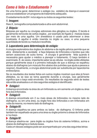6
EstágioI:
EstágioII:
EstágioIII:
EstágioIV:
A doença encontrada na área de um linfonodo ou em somente um órgão ou área
fora dos linfonodos.
A doença encontrada em 2 ou mais áreas de linfonodos no mesmo lado do
diafragma, ou em uma área, ou órgão fora dos linfonodos e em linfonodos em
volta da mesma, no mesmo lado do diafragma.
A doença espalhou-se para ambos os lados do diafragma. O linfoma pode
também ter espalhado-se para uma área ou órgão próximo a áreas de linfonodos
e / ou baço.
A doença alastrou-se para órgão ou órgãos fora do sistema linfático, acima e
abaixo do diafragma e medula óssea.
Cada um desses estágios pode ser acompanhado por uma das seguintes letras:
Como é feito o Estadiamento ?
De uma forma geral, determinar o estágio (ou estádio) da doença é essencial
para se estabelecer um programa de tratamento adequado.
O estadiamento da DH inclui alguns ou todos os seguintes testes :
1. Imagem:
Raio X , tomografia computadorizada e ultra-som abdominal.
2. Biópsia:
Biópsias por agulha ou cirurgias adicionais dos gânglios ou órgãos. O tecido é
geralmente removido de certos órgãos , por exemplo do fígado e medula óssea
por meio de uma agulha. Um anestésico é usado para adormecer a área
localizada. A agulha é então inserida no órgão ou osso, e uma pequena
quantidade de tecido ou medula é recolhida.
3. Laparatomia para determinação do estágio:
A cirurgia exploratória dos órgãos do abdome e da região pélvica permite que se
abra diretamente a cavidade e faça biópsias de linfonodos e tecidos que não
seriam acessíveis de outra forma. A cirurgia é geralmente feita quando é
necessária para ajudar o médico a planejar o tratamento. O baço também é
examinado. É, às vezes, importante saber se as células no órgão estão afetadas
porque geralmente essa é a primeira indicação de que a doença se espalhou
abaixo do diafragma (um músculo fino abaixo dos pulmões que ajuda a pessoa a
respirar). Atualmente, a cirurgia abdominal pode ser substituída por laparotomia
endoscópica.
Se os resultados dos testes feitos em outros órgãos mostram que eles já foram
afetados, ou se isso se torna aparente durante a cirurgia, isso geralmente
significa que o baço está envolvido. Os resultados da segunda série de testes
são então analisados e um dos seguintes estágios é identificado:
 