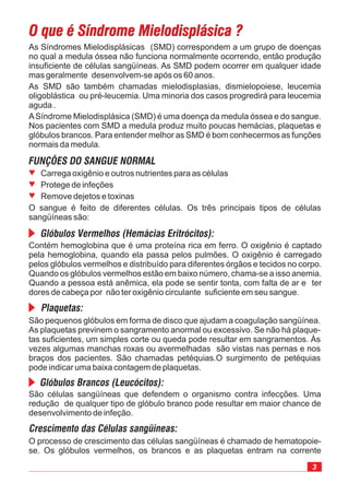 3
O processo de crescimento das células sangüíneas é chamado de hematopoie-
se. Os glóbulos vermelhos, os brancos e as plaquetas entram na corrente
As Síndromes Mielodisplásicas (SMD) correspondem a um grupo de doenças
no qual a medula óssea não funciona normalmente ocorrendo, então produção
insuficiente de células sangüíneas. As SMD podem ocorrer em qualquer idade
mas geralmente desenvolvem-se após os 60 anos.
As SMD são também chamadas mielodisplasias, dismielopoiese, leucemia
oligoblástica ou pré-leucemia. Uma minoria dos casos progredirá para leucemia
aguda .
ASíndrome Mielodisplásica (SMD) é uma doença da medula óssea e do sangue.
Nos pacientes com SMD a medula produz muito poucas hemácias, plaquetas e
glóbulos brancos. Para entender melhor as SMD é bom conhecermos as funções
normais da medula.
ª
ª
ª
Carrega oxigênio e outros nutrientes para as células
Protege de infeções
Remove dejetos e toxinas
O sangue é feito de diferentes células. Os três principais tipos de células
sangüíneas são:
Contém hemoglobina que é uma proteína rica em ferro. O oxigênio é captado
pela hemoglobina, quando ela passa pelos pulmões. O oxigênio é carregado
pelos glóbulos vermelhos e distribuído para diferentes órgãos e tecidos no corpo.
Quando os glóbulos vermelhos estão em baixo número, chama-se a isso anemia.
Quando a pessoa está anêmica, ela pode se sentir tonta, com falta de ar e ter
dores de cabeça por não ter oxigênio circulante suficiente em seu sangue.
São pequenos glóbulos em forma de disco que ajudam a coagulação sangüínea.
As plaquetas previnem o sangramento anormal ou excessivo. Se não há plaque-
tas suficientes, um simples corte ou queda pode resultar em sangramentos. Às
vezes algumas manchas roxas ou avermelhadas são vistas nas pernas e nos
braços dos pacientes. São chamadas petéquias.O surgimento de petéquias
pode indicar uma baixa contagem de plaquetas.
São células sangüíneas que defendem o organismo contra infecções. Uma
redução de qualquer tipo de glóbulo branco pode resultar em maior chance de
desenvolvimento de infeção.
 