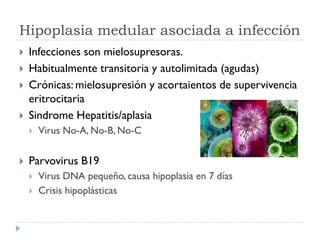 Hipoplasia medular asociada a infección
   Infecciones son mielosupresoras.
   Habitualmente transitoria y autolimitada (agudas)
   Crónicas: mielosupresión y acortaientos de supervivencia
    eritrocitaria
   Sindrome Hepatitis/aplasia
       Virus No-A, No-B, No-C


   Parvovirus B19
       Virus DNA pequeño, causa hipoplasia en 7 días
       Crisis hipoplásticas
 