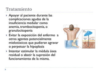 Tratamiento
   Apoyar al paciente durante las
    complicaciones agudas de la
    insuficiencia medular como
    anemia, trombocitopenia, o
    granulocitopenia
   Evitar la exposición del enfermo a
    otros agentes potencialmente
    mielotóxicos que pudieran agravar
    o perpetuar la hipoplasia
   Intentar estimular la médula ósea
    residual o abatir la supresión del
    funcionamiento de la misma.
 