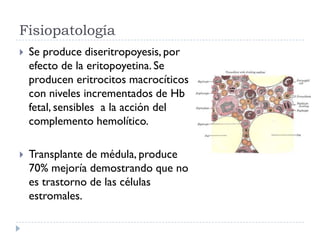 Fisiopatología
   Se produce diseritropoyesis, por
    efecto de la eritopoyetina. Se
    producen eritrocitos macrocíticos
    con niveles incrementados de Hb
    fetal, sensibles a la acción del
    complemento hemolítico.

   Transplante de médula, produce
    70% mejoría demostrando que no
    es trastorno de las células
    estromales.
 