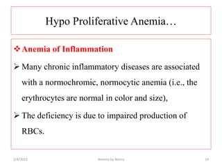 Hypo Proliferative Anemia…
Anemia of Inflammation
 Many chronic inflammatory diseases are associated
with a normochromic...