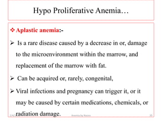 Hypo Proliferative Anemia…
Aplastic anemia:-
 Is a rare disease caused by a decrease in or, damage
to the microenvironme...