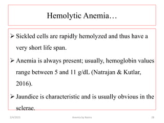 Hemolytic Anemia…
 Sickled cells are rapidly hemolyzed and thus have a
very short life span.
 Anemia is always present; ...