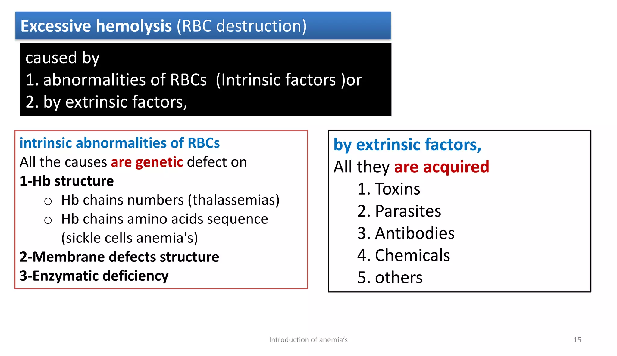Excessive hemolysis (RBC destruction)
caused by
1. abnormalities of RBCs (Intrinsic factors )or
2. by extrinsic factors,
intrinsic abnormalities of RBCs
All the causes are genetic defect on
1-Hb structure
o Hb chains numbers (thalassemias)
o Hb chains amino acids sequence
(sickle cells anemia's)
2-Membrane defects structure
3-Enzymatic deficiency
by extrinsic factors,
All they are acquired
1. Toxins
2. Parasites
3. Antibodies
4. Chemicals
5. others
15
Introduction of anemia‘s
 