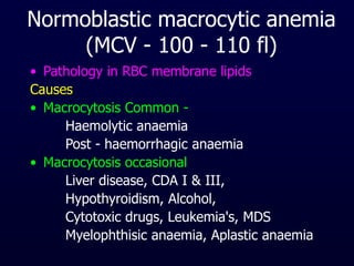 Normoblastic macrocytic anemia
(MCV - 100 - 110 fl)
• Pathology in RBC membrane lipids
Causes
• Macrocytosis Common -
Haemolytic anaemia
Post - haemorrhagic anaemia
• Macrocytosis occasional
Liver disease, CDA I & III,
Hypothyroidism, Alcohol,
Cytotoxic drugs, Leukemia's, MDS
Myelophthisic anaemia, Aplastic anaemia
 