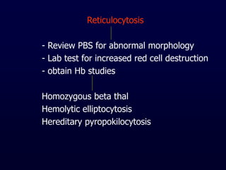 Reticulocytosis
- Review PBS for abnormal morphology
- Lab test for increased red cell destruction
- obtain Hb studies
Homozygous beta thal
Hemolytic elliptocytosis
Hereditary pyropokilocytosis
 