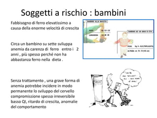 Soggetti a rischio : bambini
Fabbisogno di ferro elevatissimo a
causa della enorme velocità di crescita

Circa un bambino su sette sviluppa
anemia da carenza di ferro entro i 2
anni , più spesso perché non ha
abbastanza ferro nella dieta .

Senza trattamento , una grave forma di
anemia potrebbe incidere in modo
permanente lo sviluppo del cervello
compromissione spesso irreversibile
basso QI, ritardo di crescita, anomalie
del comportamento

 
