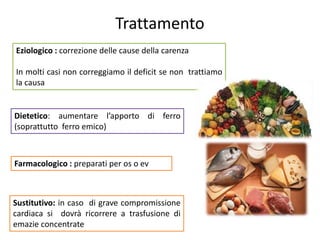 Trattamento
Eziologico : correzione delle cause della carenza
.
In molti casi non correggiamo il deficit se non trattiamo
la causa

Dietetico: aumentare l’apporto di ferro
(soprattutto ferro emico)

Farmacologico : preparati per os o ev

Sustitutivo: in caso di grave compromissione
cardiaca si dovrà ricorrere a trasfusione di
emazie concentrate

 