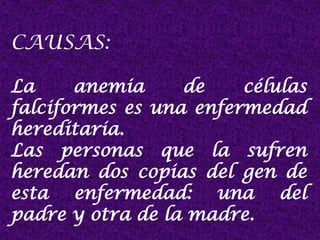 CAUSAS:
La anemia de células
falciformes es una enfermedad
hereditaria.
Las personas que la sufren
heredan dos copias del gen de
esta enfermedad: una del
padre y otra de la madre.
 