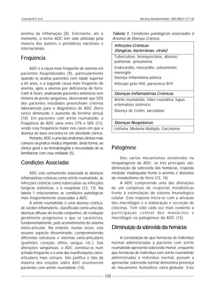Cançado R.D. et al
128
Rev.bras.hematol.hemoter.,2002,24(2):127-136
anemia da inflamação (8). Entretanto, até o
momento, o termo ADC tem sido utilizado pela
maioria dos autores e periódicos nacionais e
internacionais.
Freqüência
ADC é a causa mais freqüente de anemia em
pacientes hospitalizados (9), particularmente
quando se analisa pacientes com idade superior
a 65 anos, e a segunda causa mais freqüente de
anemia, após a anemia por deficiência de ferro.
Cash & Sears, analisando pacientes anêmicos sem
história de perda sangüínea, observaram que 52%
dos pacientes estudados preenchiam critérios
laboratoriais para o diagnóstico de ADC (ferro
sérico diminuído e aumento da ferritina sérica)
(10). Em pacientes com artrite reumatóide, a
freqüência de ADC varia entre 27% e 58% (11),
sendo essa freqüência maior nos casos em que a
doença de base encontra-se em atividade clínica.
Portanto, ADC é uma das síndromes clínicas mais
comuns na prática médica impondo, desta forma, ao
clínico geral e ao hematologista a necessidade de se
familiarizar com essa entidade (5).
Condições Associadas
ADC está comumente associada às doenças
inflamatórias crônicas como artrite reumatóide, às
infecções crônicas como tuberculose ou infecções
fúngicas sistêmicas, e à neoplasia (12, 13). Na
tabela 1 relacionamos as condições patológicas
mais freqüentemente associadas à ADC.
A artrite reumatóide é uma doença crônica,
de caráter inflamatório, classificada como uma das
doenças difusas do tecido conjuntivo, de evolução
geralmente progressiva e que se caracteriza,
fundamentalmente, pelo acometimento do sistema
ósteo-articular. No entanto, muitas vezes, esta
assume aspecto disseminado, comprometendo
diferentes estruturas e sistemas extra-articulares
(pulmões, coração, olhos, sangue, etc.). Das
alterações sangüíneas, a ADC constitui-se num
achado freqüente e é uma das manifestações extra-
articulares mais comuns. Isto justifica o fato da
maioria dos estudos sobre ADC envolverem
pacientes com artrite reumatóide (14).
Patogênese
Dos vários mecanismos envolvidos na
etiopatogenia da ADC, os três principais são:
diminuição da sobrevida das hemácias, resposta
medular inadequada frente à anemia e distúrbio
do metabolismo do ferro (13, 14).
A ADC compreende uma das alterações
de um complexo de respostas metabólicas
frente à estimulação do sistema imunológico
celular. Esta resposta inicia-se com a ativação
dos macrófagos e a elaboração e secreção de
citocinas. Tem sido cada vez mais evidente a
participação central dos monócitos e
macrófagos na patogênese da ADC (15).
Diminuição da sobrevida das hemácias
A constatação de que hemácias de indivíduo
normal administradas à paciente com artrite
reumatóide apresenta sobrevida menor, enquanto
que hemácias de indivíduo com artrite reumatóide
administradas à indivíduo normal, passam a
apresentar sobrevida normal demonstra presença
de mecanismo hemolítico extra-globular. Esse
Tabela 1. Condições patológicas associadas à
Anemia de Doença Crônica
Infecções Crônicas
(fúngicas, bacterianas, virais)
Tuberculose, bronquiectasia, abcesso
pulmonar, pneumonia
Endocardite, miocardite, osteomielite,
meningite
Doença inflamatória pélvica
Infecção pelo HIV, parvovírus B19
Doenças Inflamatórias Crônicas
Artrite reumatóide, febre reumática, lupus
eritematoso sistêmico
Doença de Crohn, sarcoidose
Doenças Neoplásicas
Linfoma, Mieloma Múltiplo, Carcinoma
 