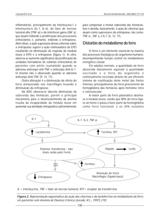 Cançado R.D. et al
130
Rev.bras.hematol.hemoter.,2002,24(2):127-136
inflamatórias, principalmente da interleucina-1 e
interleucina-6 (IL-1, IL-6), do fator de necrose
tumoral alfa (TNF α) e do interferon gama (INF γ),
que atuam inibindo a proliferação dos precursores
eritrocitários e, portanto, inibindo a eritropoese.
Além disso, a ação supressora dessas citocinas sobre
a eritropoese supera a ação estimuladora da EPO
resultando na diminuição da resposta da medula
óssea à EPO e à eritropoese (figura 1). In vitro,
observa-se aumento significativo da proliferação de
unidades formadoras de colônias eritrocitárias de
pacientes com artrite reumatóide quando se
adiciona anticorpo anti-TNF e anticorpo Anti-IL-1.
O mesmo não é observado quando se adiciona
anticorpo Anti-TNF (9, 14, 17).
Outra alteração é a diminuição da oferta do
ferro armazenado nos macrófagos levando à
diminuição da eritropoese.
Na ADC observa-se discreta diminuição da
sobrevida das hemácias, porém o principal
mecanismo para o desenvolvimento da anemia
resulta da incapacidade da medula óssea em
aumentar sua atividade eritropoética suficientemente
para compensar a menor sobrevida das hemácias.
Isso é devido, basicamente, à ação de citocinas que
atuam como supressores da eritropoese, tais como:
TNF α , INF γ, e IL-1 (5, 12, 17).
Distúrbio do metabolismo do ferro
O ferro é um elemento essencial na maioria
dos processos fisiológicos do organismo humano,
desempenhando função central no metabolismo
energético celular.
Em adultos normais, a quantidade de ferro
absorvida diariamente equivale à quantidade
excretada e o ferro do organismo é
continuamente reciclado através de um eficiente
sistema de reutilização deste metal das fontes
internas, principalmente do ferro proveniente da
hemoglobina das hemácias após hemólise intra
e extravascular.
A maior parte do ferro plasmático destina-
se à medula óssea, sendo que 80% do ferro liga-
se ao heme e passa a fazer parte da hemoglobina
como ferro funcional, e os 20% restantes
IL = interleucina, TNF = fator de necrose tumoral, RTf = receptor da transferrina
Figura 2. Representação esquemática da ação das citocinas e da lactoferrina no metabolismo do ferro
em pacientes com Anemia de Doença Crônica (Jurado, R.L., 1997) (19)
Retenção de Ferro
Macrófagos (fígado,baço)Eritropoese
Ferritina
Rápido Lento
Ferritina, RTf
IL-1. IL-2, TNF α
Proteína Transferrina - Like
(mais ávida pelo Ferro)
Lactoferrina
IL-1
 