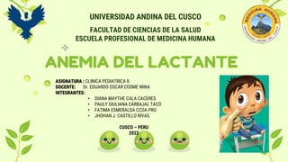 ANEMIA DEL LACTANTE
FACULTAD DE CIENCIAS DE LA SALUD
ESCUELA PROFESIONAL DE MEDICINA HUMANA
UNIVERSIDAD ANDINA DEL CUSCO
ASIGNATURA : CLINICA PEDIATRICA II
DOCENTE: Dr. EDUARDO OSCAR COSME MINA
INTEGRANTES:
• DIANA MAYTHE CALA CACERES
• PAULY GIULIANA CARBAJAL TACO
• FATIMA ESMERALDA CCOA PRO
• JHOHAN J. CASTILLO RIVAS
CUSCO – PERU
2022
 