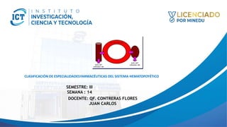 DOCENTE: QF. CONTRERAS FLORES
JUAN CARLOS
SEMESTRE: III
SEMANA : 14
CLASIFICACIÓN DE ESPECIALIDADESFARMACÉUTICAS DEL SISTEMA HEMATOPOYÉTICO
 