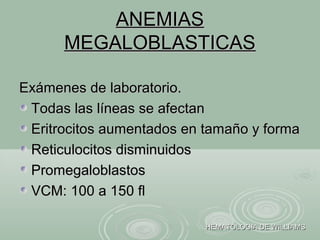ANEMIASANEMIAS
MEGALOBLASTICASMEGALOBLASTICAS
Exámenes de laboratorio.Exámenes de laboratorio.
Todas las líneas se afectanTodas las líneas se afectan
Eritrocitos aumentados en tamaño y formaEritrocitos aumentados en tamaño y forma
Reticulocitos disminuidosReticulocitos disminuidos
PromegaloblastosPromegaloblastos
VCM: 100 a 150 flVCM: 100 a 150 fl
HEMATOLOGIA DE WILLIAMSHEMATOLOGIA DE WILLIAMS
 