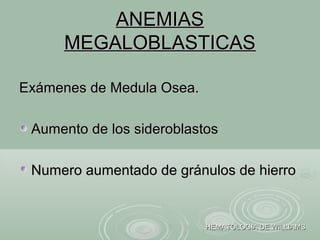 ANEMIASANEMIAS
MEGALOBLASTICASMEGALOBLASTICAS
Exámenes de Medula Osea.Exámenes de Medula Osea.
Aumento de los sideroblastosAumento de los sideroblastos
Numero aumentado de gránulos de hierroNumero aumentado de gránulos de hierro
HEMATOLOGIA DE WILLIAMSHEMATOLOGIA DE WILLIAMS
 