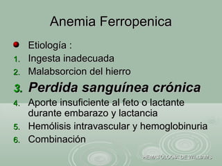 Etiología :Etiología :
1.1. Ingesta inadecuadaIngesta inadecuada
2.2. Malabsorcion del hierroMalabsorcion del hierro
3.3. Perdida sanguínea crónicaPerdida sanguínea crónica
4.4. Aporte insuficiente al feto o lactanteAporte insuficiente al feto o lactante
durante embarazo y lactanciadurante embarazo y lactancia
5.5. Hemólisis intravascular y hemoglobinuriaHemólisis intravascular y hemoglobinuria
6.6. CombinaciónCombinación
Anemia FerropenicaAnemia Ferropenica
HEMATOLOGIA DE WILLIAMSHEMATOLOGIA DE WILLIAMS
 