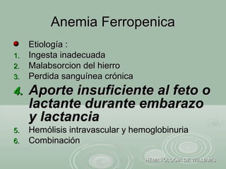 Etiología :Etiología :
1.1. Ingesta inadecuadaIngesta inadecuada
2.2. Malabsorcion del hierroMalabsorcion del hierro
3.3. Perdida sanguínea crónicaPerdida sanguínea crónica
4.4. Aporte insuficiente al feto oAporte insuficiente al feto o
lactante durante embarazolactante durante embarazo
y lactanciay lactancia
5.5. Hemólisis intravascular y hemoglobinuriaHemólisis intravascular y hemoglobinuria
6.6. CombinaciónCombinación
Anemia FerropenicaAnemia Ferropenica
HEMATOLOGIA DE WILLIAMSHEMATOLOGIA DE WILLIAMS
 