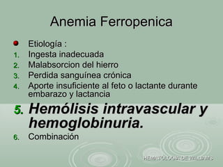 Etiología :Etiología :
1.1. Ingesta inadecuadaIngesta inadecuada
2.2. Malabsorcion del hierroMalabsorcion del hierro
3.3. Perdida sanguínea crónicaPerdida sanguínea crónica
4.4. Aporte insuficiente al feto o lactante duranteAporte insuficiente al feto o lactante durante
embarazo y lactanciaembarazo y lactancia
5.5. Hemólisis intravascular yHemólisis intravascular y
hemoglobinuria.hemoglobinuria.
6.6. CombinaciónCombinación
Anemia FerropenicaAnemia Ferropenica
HEMATOLOGIA DE WILLIAMSHEMATOLOGIA DE WILLIAMS
 