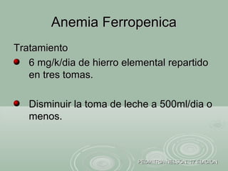TratamientoTratamiento
6 mg/k/dia de hierro elemental repartido6 mg/k/dia de hierro elemental repartido
en tres tomas.en tres tomas.
Disminuir la toma de leche a 500ml/dia oDisminuir la toma de leche a 500ml/dia o
menos.menos.
Anemia FerropenicaAnemia Ferropenica
PEDIATRIA NELSON. 17 EDICIONPEDIATRIA NELSON. 17 EDICION
 