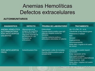 Anemias HemolíticasAnemias Hemolíticas
Defectos extracelularesDefectos extracelulares
PEDIATRIA DE NELSON. 17 EDICIONPEDIATRIA DE NELSON. 17 EDICION
DIAGNOSTICO DEFECTO PRUEBA DE LABORATORIO TRATAMIENTO
ANEMIA HEMOLITICA
AUTOINMUNITARIA
POR ANTICUERPOS
CALIENTES
Alteraciones en el
antigeno de superficie
de membrana (Rh) o
respuesta anómala de
los linfocitos B, con
formación de
anticuerpos
Esferocitosis
Coombs directo positivo para IgG
calientes dirigidos contra los
hematíes.
Coombs indirecta positiva y
anticuerpos detectables en plasma
Hg +10 y Ret -10 : no tx
Transfundir si hay anemia grave
Prednisona 2 mg/kg/d
IGIV
Danazol
Esplenectomia
Inmunosupresores
Acido fólico 1mg/dia si el cuadro
es crónico
POR ANTICUERPOS
FRIOS
Autoanticuerpos fríos Aglutinación o pilas de monedas
Coombs directa positiva para el
complemento
Anemia grave puede requerir
transfusión
Evitar exposición al frio
Si el cuadro es grave:
inmunosupresores y plasmaferesis
Esplenectomia : inútil
Acido fólico: 1mg/dia si el cuadro
es crónico
AUTOINMUNITARIOSAUTOINMUNITARIOS
 