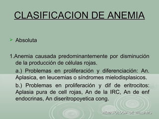 CLASIFICACION DE ANEMIACLASIFICACION DE ANEMIA
 AbsolutaAbsoluta
1.Anemia causada predominantemente por disminución1.Anemia causada predominantemente por disminución
de la producción de células rojas.de la producción de células rojas.
a.) Problemas en proliferación y diferenciación: An.a.) Problemas en proliferación y diferenciación: An.
Aplasica, en leucemias o síndromes mielodisplasicos.Aplasica, en leucemias o síndromes mielodisplasicos.
b.) Problemas en proliferación y dif de eritrocitos:b.) Problemas en proliferación y dif de eritrocitos:
Aplasia pura de cell rojas, An de la IRC, An de enfAplasia pura de cell rojas, An de la IRC, An de enf
endocrinas, An diseritropoyetica cong.endocrinas, An diseritropoyetica cong.
HEMATOLOGIA DE WILLIAMSHEMATOLOGIA DE WILLIAMS
 