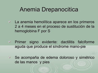 Anemia DrepanociticaAnemia Drepanocitica
La anemia hemolítica aparece en los primerosLa anemia hemolítica aparece en los primeros
2 a 4 meses en el proceso de sustitución de la2 a 4 meses en el proceso de sustitución de la
hemoglobina F por Shemoglobina F por S
Primer signo evidente: dactilitis falciformePrimer signo evidente: dactilitis falciforme
aguda que produce el síndrome mano-pieaguda que produce el síndrome mano-pie
Se acompaña de edema doloroso y simétricoSe acompaña de edema doloroso y simétrico
de las manos y piesde las manos y pies
 