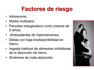Factores de riesgo
• Adolescente.
• Madre multípara.
• Periodos intergenésico corto (menos de
2 años).
• Antecedentes de hipermenorrea.
• Dietas con baja biodisponibilidad en
hierro.
• Ingesta habitual de alimentos inhibidores
de la absorción de hierro.
• Síndrome de mala absorción.
 