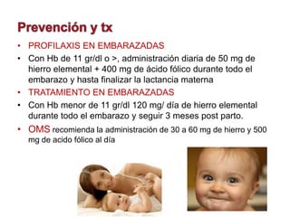 • PROFILAXIS EN EMBARAZADAS
• Con Hb de 11 gr/dl o >, administración diaria de 50 mg de
hierro elemental + 400 mg de ácido fólico durante todo el
embarazo y hasta finalizar la lactancia materna
• TRATAMIENTO EN EMBARAZADAS
• Con Hb menor de 11 gr/dl 120 mg/ día de hierro elemental
durante todo el embarazo y seguir 3 meses post parto.
• OMS recomienda la administración de 30 a 60 mg de hierro y 500
mg de acido fólico al día
 