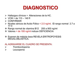 DIAGNOSTICO
 Hallazgos clínicos + Alteraciones de la HC.
 VCM > de 110 – 140 fl
 CONFIRMAR
 Niveles séricos de Acido Fólico < 2.5 ng/ml. El rango normal 2.7 a
17.0
 Rango normal de vitamina B12 200 a 900 ng/ml
 Valores < de 100 ng/ml indican DEFICIENCIA
 Examen de médula ósea REVELA ERITROPOYESIS
MEGALOBLASTICA.
AL AGRAVARSE EL CUADRO SE PRESENTA:
 Trombocitopenia
 Leucopenia
 