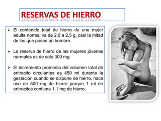  El contenido total de hierro de una mujer
adulta normal va de 2.0 a 2.5 g, casi la mitad
de los que posee un hombre.
 La reserva de hierro de las mujeres jóvenes
normales es de solo 300 mg.
 El incremento promedio del volumen total de
eritrocito circulantes es 450 ml durante la
gestación cuando se dispone de hierro, hace
uso de 500 mg de hierro porque 1 ml de
eritrocitos contiene 1.1 mg de hierro.
 