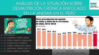 ANÁLISIS DE LA SITUACIÓN SOBRE:
DESNUTRICIÓN CRÓNICA ENFOCADO
EN LA ANEMIA EN EL PERÚ
 INTEGRANTES:
 LIC. ALVARADO FLORES, DIANA
 LIC. ARONI CANALES, GUADALUPE
 LIC. FLORES RICSE, ELISABETH
 LIC. TORRES CARBALLIDO, KARYN
 LIC. SANDOVAL TAMAYO, GRETTY
 LIC. RAMOS ARROLLO, ROXANA DOCENTE:
MG. MERCEDES HIDALGO, MARIA
 