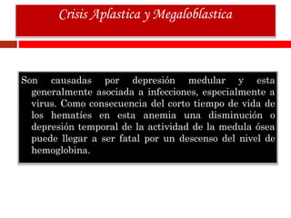 Son causadas por depresión medular y esta
generalmente asociada a infecciones, especialmente a
virus. Como consecuencia del corto tiempo de vida de
los hematíes en esta anemia una disminución o
depresión temporal de la actividad de la medula ósea
puede llegar a ser fatal por un descenso del nivel de
hemoglobina.
Crisis Aplastica y Megaloblastica
 