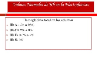 Hemoglobina total en los adultos:
Hb A1 :95 a 98%
HbA2: 2% a 3%
Hb F: 0.8% a 2%
Hb S: 0%
Valores Normales de Hb en la Electroforesis
 